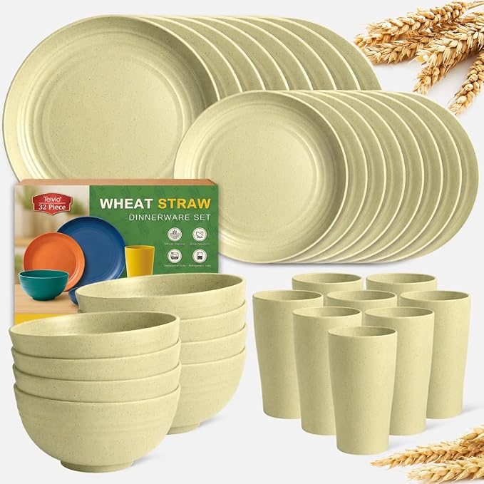 Teivio 32-Piece Plates and Bowls Sets for 8, Light Beige Dinnerware Sets | 13.5oz Cups, Plastic Wheat Straw Unbreakable Dish Set, Dishwasher Safe, for Outdoor Camping RV Apartment Essentials Plate Set