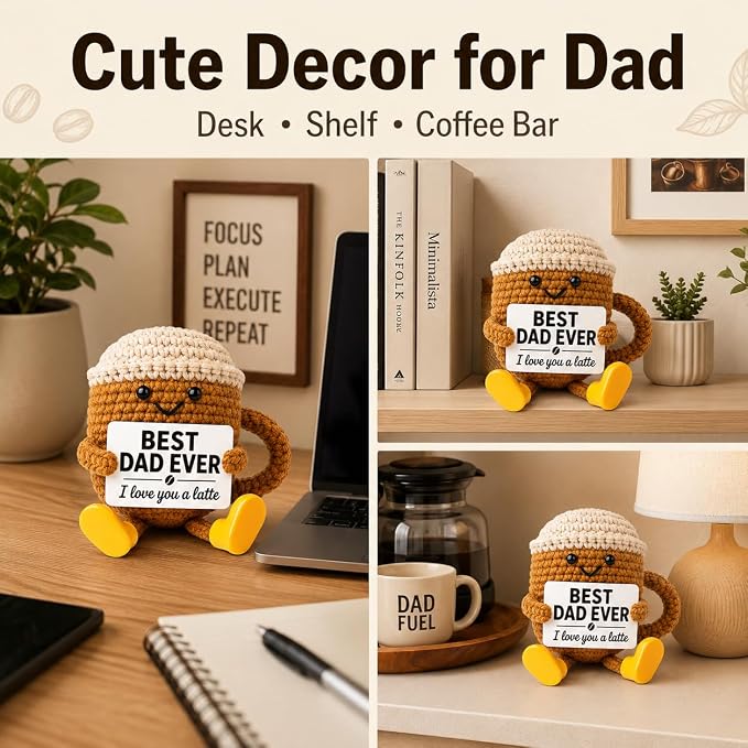 Fathers Day Gift for Dad from Daughter Son, Dad Gifts Crochet Coffee Cup, Best Dad Ever I Love You Handmade Crochet Decor, Birthday Christmas Coffee Lover Gifts for Daddy Papa