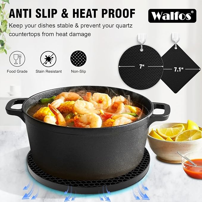 Walfos XXL Silicone Trivet 16" and Large 12" and Round & Square 7", Trivets for Hot Pots and Pans, Heat Resistant Pot Holders Hot Pads for Quartz Countertops, 7 Pack