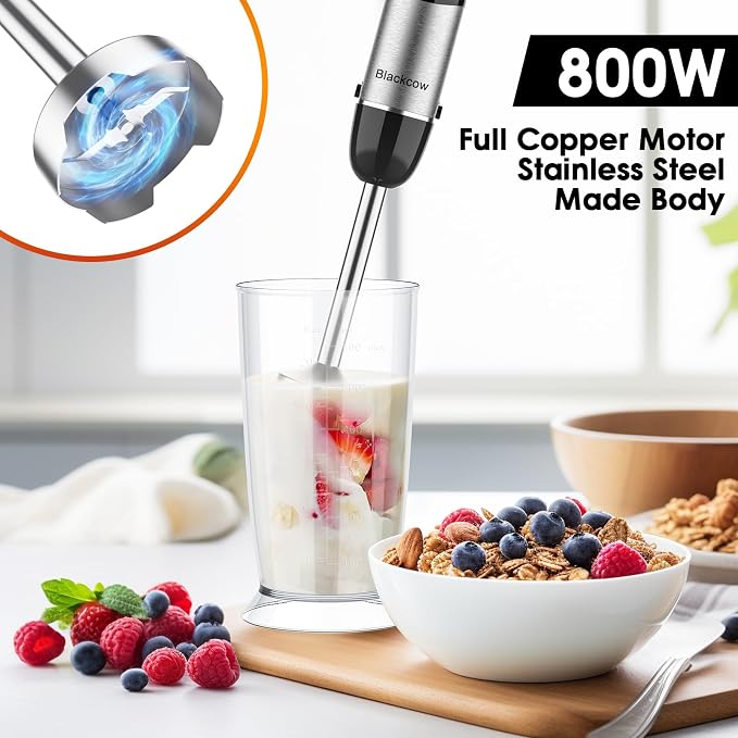 Blackcow Immersion Blender Handheld, Corded Hand Blenders Set 800W, 12 Speed Stick Blender 5 in 1 Stick Emulsifier with Chopper, Whisk and Frother for Soup, Baby Food and Smoothies, Black
