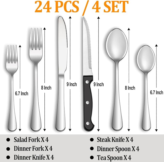 24 Pcs Silverware Set with Steak Knives for 4, Stainless Steel Flatware Set, Mirror Polished Cutlery Utensil Sets, Home Kitchen Eating Tableware, Dishwasher Safe