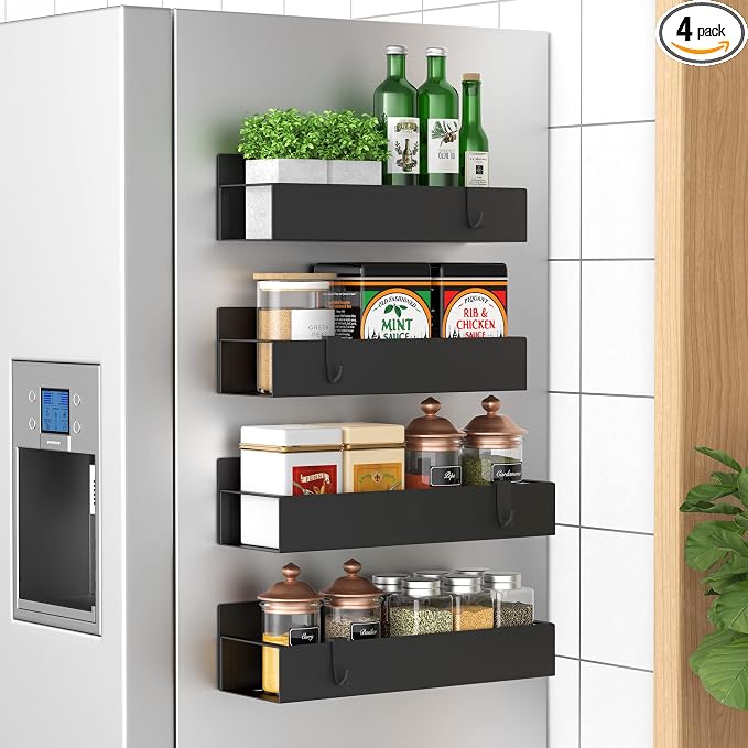 Metal Magnetic Spice Rack for Refrigerator with Hooks Matt Black | Magnetic Shelves Heavy Duty for Fridge in Kitchen, Seasoning Storage Organizer, For Oven Washer and Dryer, For Heavier Items