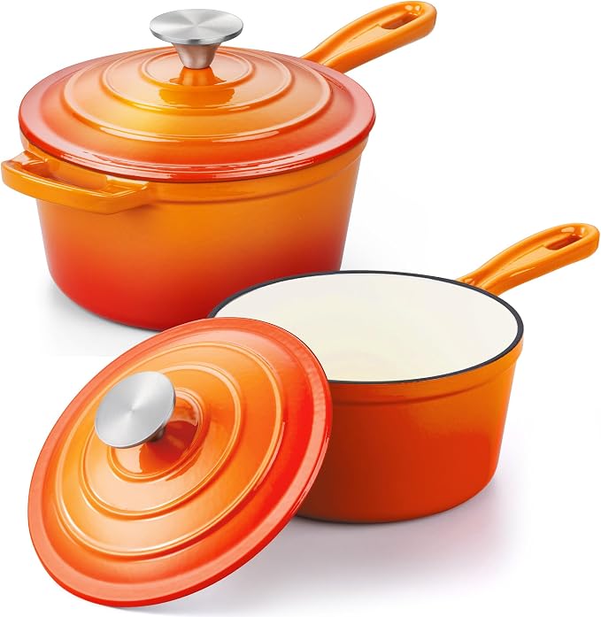 Leonyo 1Qt& 2Qt Cast Iron Saucepan Set, Dutch Oven Pot for Cooktop, Orange