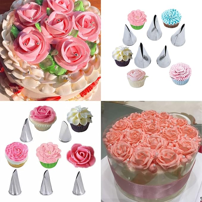 8 Pcs Rose Flower Piping Tips Set,Petal Icing Tips,PipingRose Nozzle,Stainless Steel Cake Decorating Pastry Tools, for CakeDecorating,with A Cleaning Brush (Rose-8pcs)