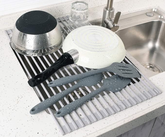 17.5 x 13.1 Inch Roll-Up Dish Drying Rack, Fits Across Sink Openings up to 16.5 Inches, Heavy-Duty Premium Silicone, Strong Support, Non-Slip, Heat-Resistant, Warm Gray