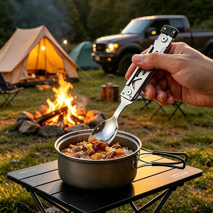5-in-1 Camping Utensils Set with Pouch Folding Fork Spoon Knife | Detachable Travel Pocket Cutlery Combo, Portable Flatware for Picnic Outdoor, Grill Barbecue BBQ Tongs, 420J2 Stainless Steel