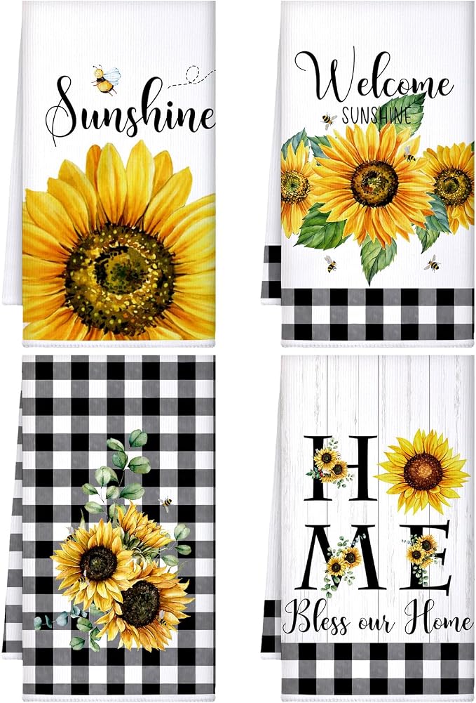4 Pcs Sunflower Kitchen Towels Set, Hand Tea Towels Gifts | Absorbent Fast Drying Dish Clothes Floral Black White Plaid Decor Housewarming Gift for Cooking Bathroom Kitchen Decor