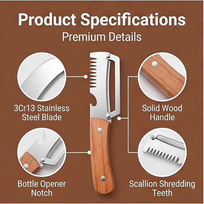 2026 Upgrade 2-in-1 & 3-in-1 Vegetable Peeler Set with Wooden Handle, Built-in Scallion Shredder & Bottle Opener, Multi-Functional Fruit & Veggie Peeler for Home Cooking