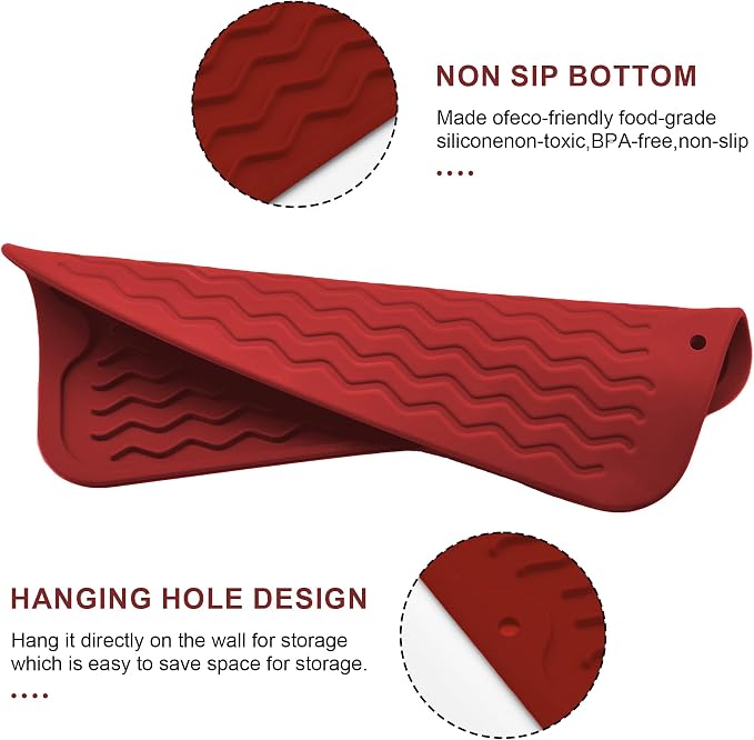 Silicone Dish Drying Mat, Non-Slip Easy Clean Sink Mat, Red, 12" x 6" | Quick-Dry Ridges, Large Heat-resistant Dish Drainer Mat for Kitchen Counter, Hangable & Roll-Up for Storage, Dishwasher Safe