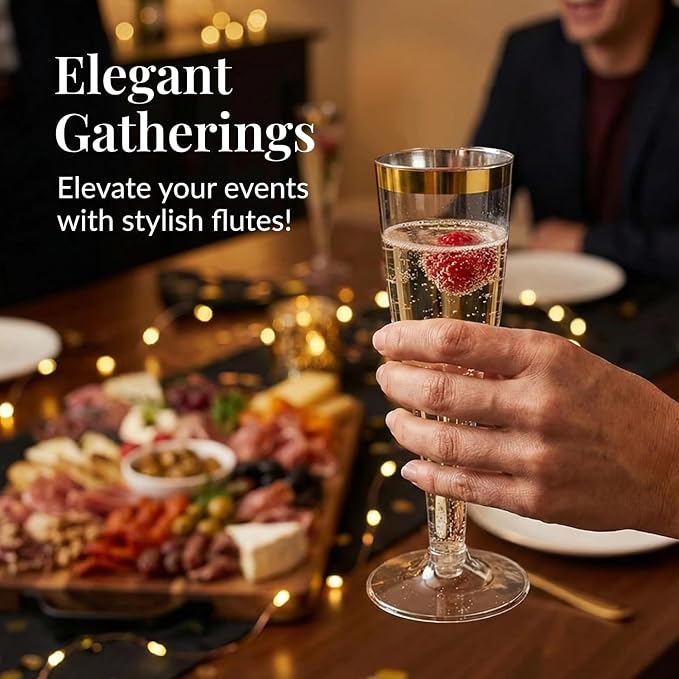 Prestee Set of 24 Plastic Champagne Flutes with Gold Rim - 4.5 oz - Shatterproof Disposable Glasses for Weddings, Cocktail Parties, and Outdoor Celebrations