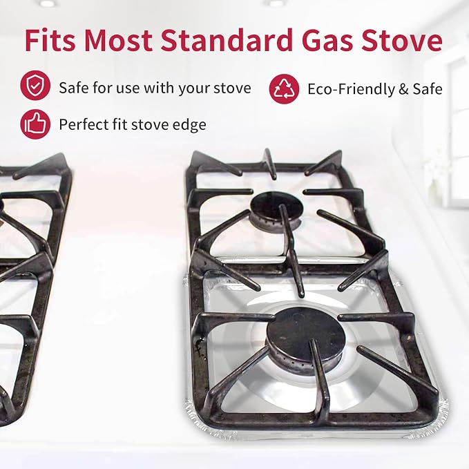 Aluminum Gas Stove Burner Covers -Thicker Foil Square Burner Liners - Disposable Gas Range Protectors, 100 Pack（Outer diameter: 8.5 x 8.5 inch）