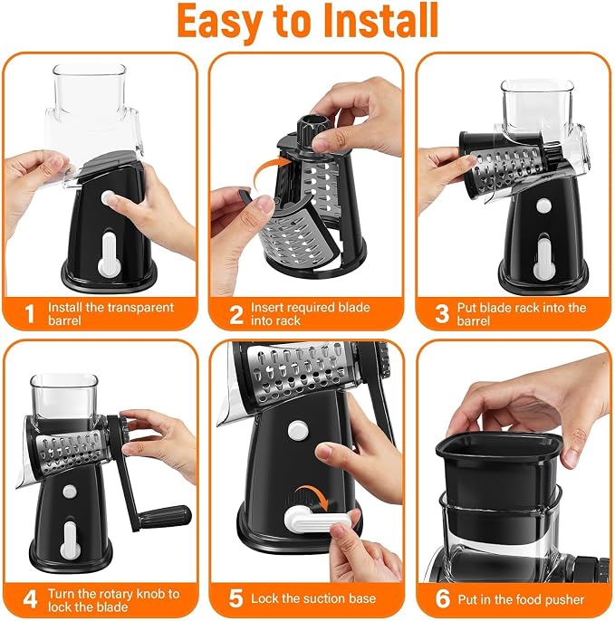 Rotary Cheese Grater Hand Crank, 5-in-1 Vegetable Shredder Chopper Spiralizer Slicer with 5 Interchangeable Blades for Vegetable, Cheese, Fruit, with Blades Storage Box & Stable Suction Base (Black)