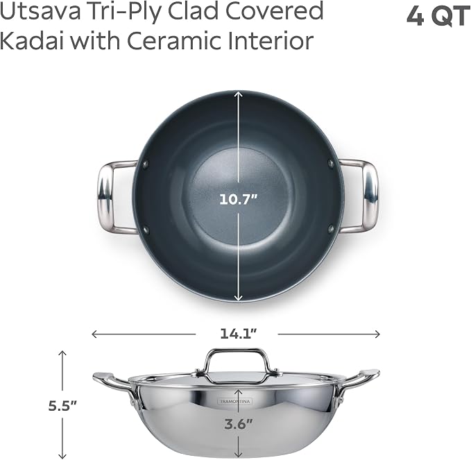 Tramontina Utsava Tri-Ply Clad Stainless Steel 4-Quart Kadai with Lid | Ceramic Non Stick Interior, Induction-Ready Large Kadhai Pot for Indian Cooking