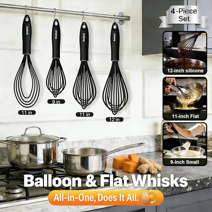 Anaeat Silicone Kitchen Whisk Set of 4, Perfect for Non-Stick Cookware, Egg Beater Milk Blender for Whisking, Cooking, Baking, Beating - 11'' Flat Whisk and 9''+11''+12'' Balloon Whisks (Black)