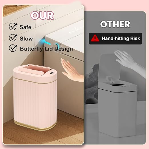 ELPHECO Motion Sensor Bathroom Trash Can with Lid 2 Gal Automatic Trash Can | Butterfly Lid, Room Decor Bathroom Accessories, Motion Sensor Wastebasket Garbage Can, Kitchen Living Room Office, Pink Gold