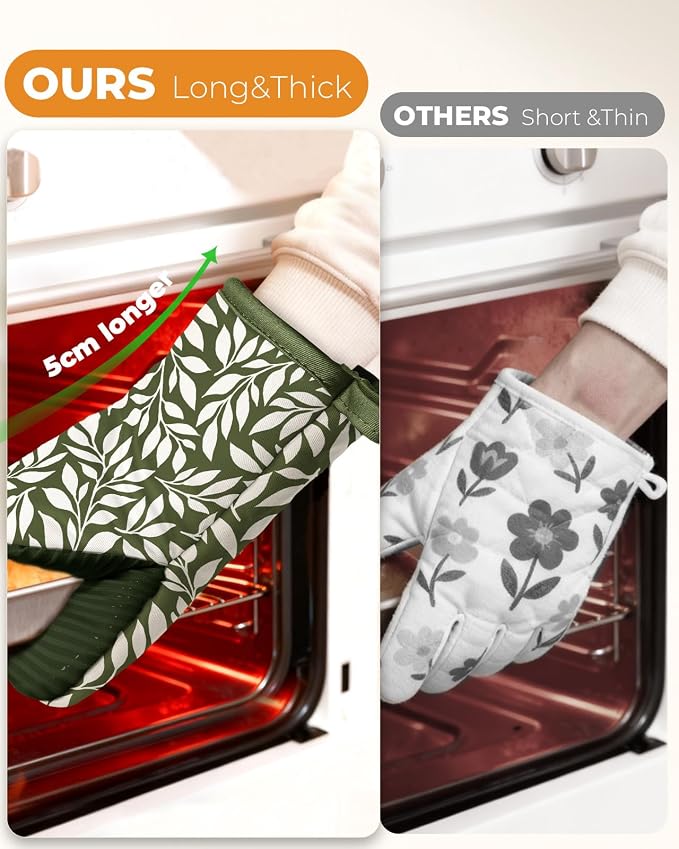 100% Thick Cotton Mini Oven Mitts Silicone Grip Green Leaf | Elegant Classic Oven Mitts for Women, Machine Washable, Non-Slip, Reversible Design Fits Both Hands, Stylish Kitchen Decor