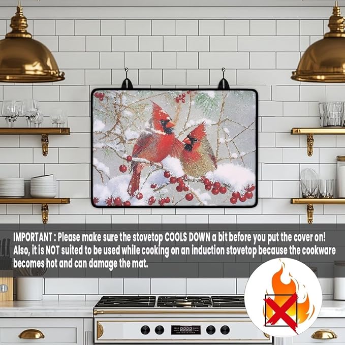 Cardinal Snow Holly Branch Print Stove Top Covers for Electric Stove Easy to Clean Glass Cooktop Protector Ceramic Protecting Counter Top Table Protector for Winter Decor, 29.18 x 20.96 inch