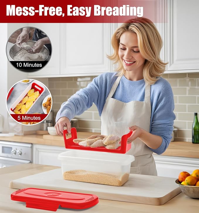 Batter Bowl with Lid, 2-Pack Fish Batter Shaker, Better Breader Shaker Bowl with Breading Shaker Tray, Batter Bowl with Lids Shaker for Frying Chicken Wings Fish Onion Rings Veggies