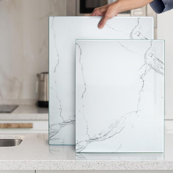 Glass Cutting Board 20”x16”: Tempered Glass Kitchen Counter Protector - Durable- Scratch-Resistant, Heat-Proof - Design 2 - White Marble Effect
