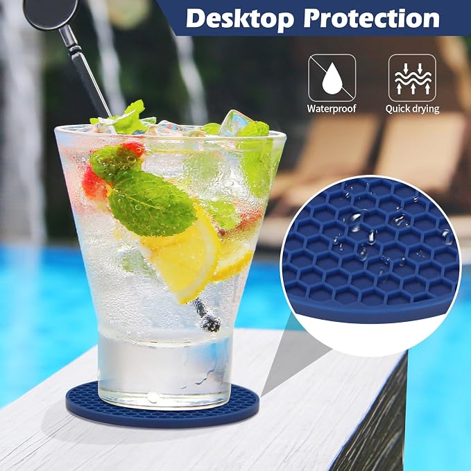TWTLi Silicone Coasters Set of 12 with Holder — Non-Slip Drink Coasters for Coffee Table, Home Bar & Kitchen, Protects Wood & Marble Surfaces from Water Rings, Dishwasher Safe (Navy Blue)