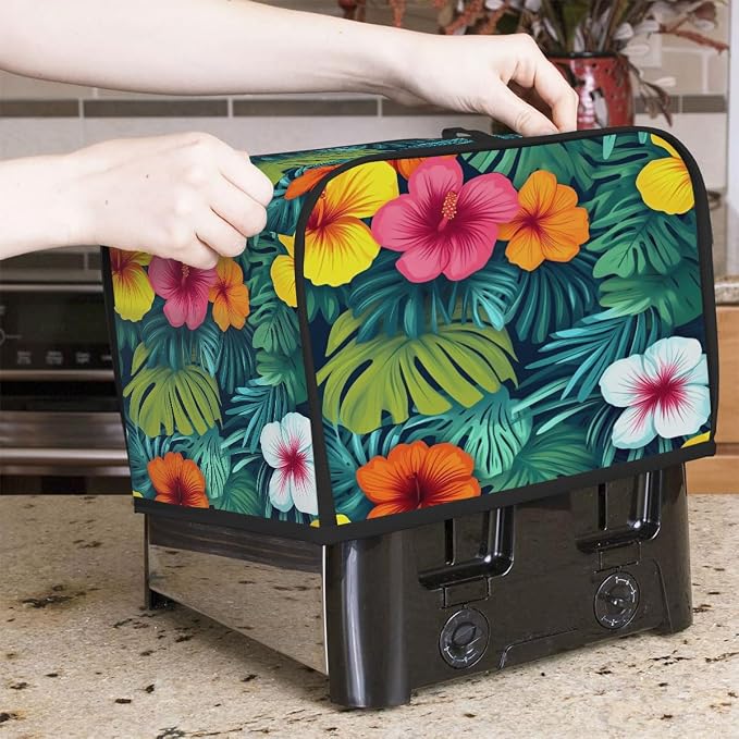 4 Slice Toaster Cover Tropical Plam Flower Toaster Covers Four Slice Wide Slot Waterproof and Dustproof Covers for Wide Slot Toasters and Small Appliances Kitchen Decor Gifts
