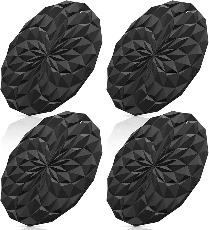 ME.FAN Silicone Trivet Mats - 4 Pack Pot Holders - 7.4'' Thickened Hot Pads for Hot pots, Pans and Dishes, Heat Resistant Silicone Trivet for Table and Counter Top Black