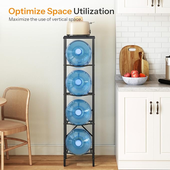 HOOBRO Water Jug Rack, Water Bottle Holder, 5 Gallon Water Jug Rack, 4-Tier Water Cooler Storage Rack, Water Dispenser Stand, for Kitchen, Living Room, Office, Black BB02ST01