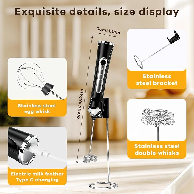 Milk Frother Handheld Rechargeable with Stand 3 Speed Frother Wand | Adjustable Foam Maker Hand Mixer with Detachable Stainless 2 Whisks Electric Coffee Frother Stirrer For Latte, Egg