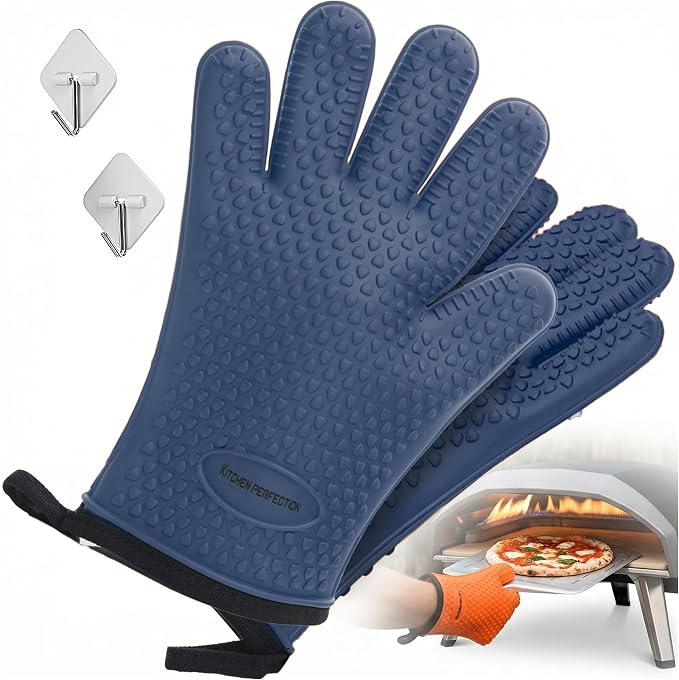 KITCHEN PERFECTION Silicone Pizza Oven Gloves - Heat Resistant Oven Mitts | Waterproof, 5-Finger Design For A Better Grip, for Outdoor & Indoor Pizza Ovens, Compatible with Ooni, Ninja, Gozney & More