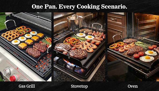 QuliMetal 25 x 16 Inch NanoCeramic Cast Iron Griddle for Gas Grills | Pre-seasoned flat-top griddle for gas grills and stove tops; ideal for camping, tailgating and backyard BBQs