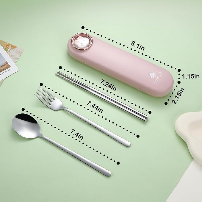 DEVICO Travel Utensils with Case Cute, Reusable Silverware for Lunch, 4Pcs Portable Cutlery Set, 18/8 Stainless Steel Fork Spoon Chopsticks in Cartoon Case, Dishwasher Safe (Pink)