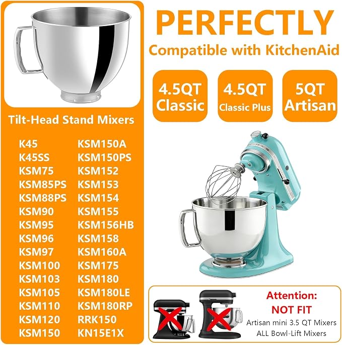 5QT Stainless Steel Mixer Bowl for KitchenAid 4.5 & 5 Quart Tilt-Head Mixer | Seamless polished stainless steel bowl, dishwasher & oven safe fits KitchenAid 4.5/5QT KSM103 KSM110 tilt-head mixers