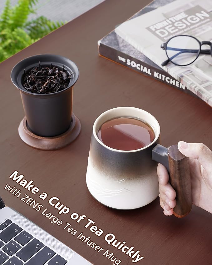 ZENS Tea Infuser Mug with Lid for Loose Tea Steeper, 14.5oz White | Embossed Ceramic Tea Cup with Infuser for Herbal Tea Difussers, Tea Lovers Gifts, Modern Organic Wood Handle