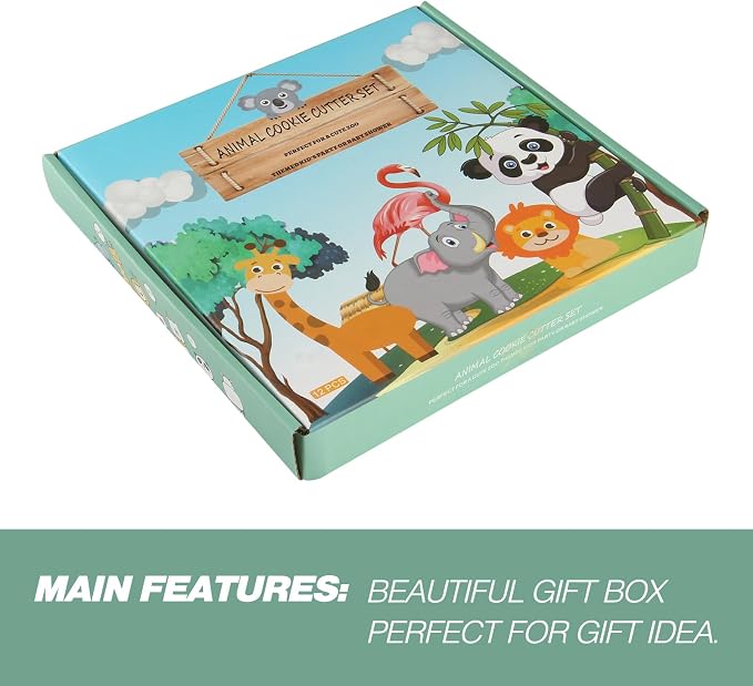 Animal Cookie Cutters, 12 PCS Cookie Cutters Set with Lion, Giraffe, Hippo, Panda, Koala, Elephant, Dog, Crocodile, Flamingo etc. (Gift Box)