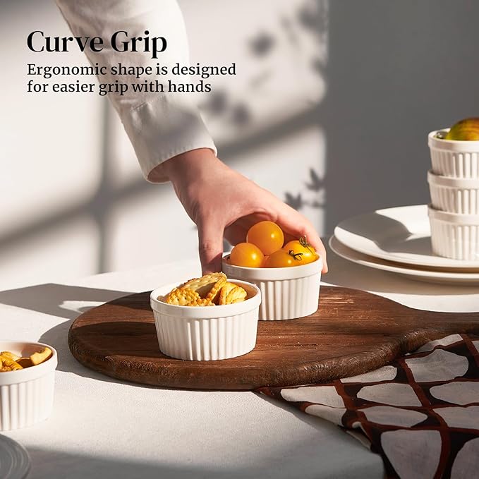 DOWAN 4 oz Ceramic Ramekins Set of 6, Oven Safe Souffle Dishes for Air Fryer Baking, Mini Round Baking Cups for Creme Brulee, Dipping Sauces, Desserts and Prep Bowls, White