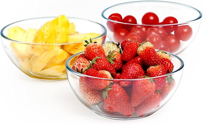 NUTRIUPS 6 Inch Small Glass Bowls Set of 3, 16oz Glass Cereal Bowl Set, Clear Tempered Glass Dessert Bowls for Kitchen Microwave and Oven Safe (6 inch, Set of 3)