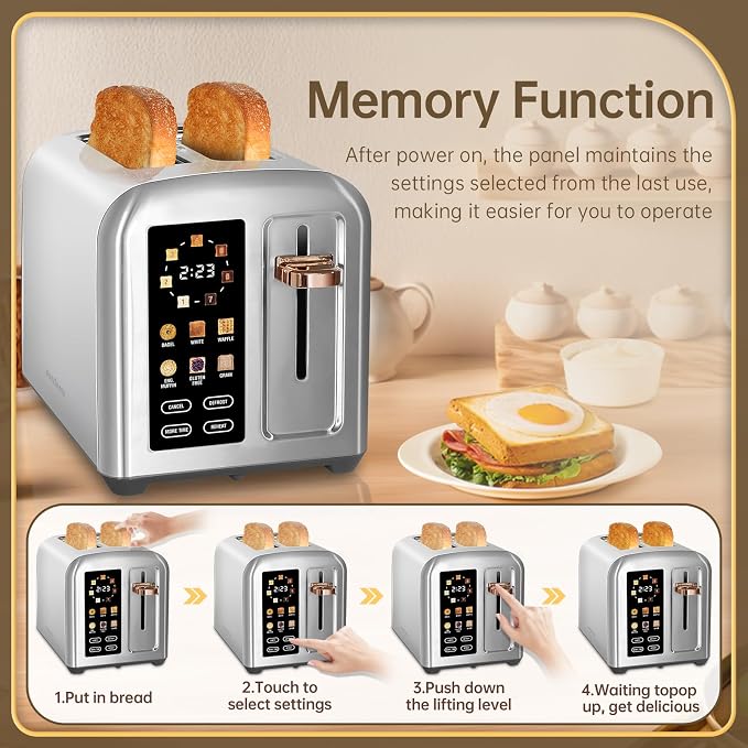 SEEDEEM 2 Slice Stainless Steel Toaster, Touch LCD, 7 Shade, 1350W | 6 Bread Type, 7 Shade Setting, 1.5''Wide Slots, Removable Crumb Tray