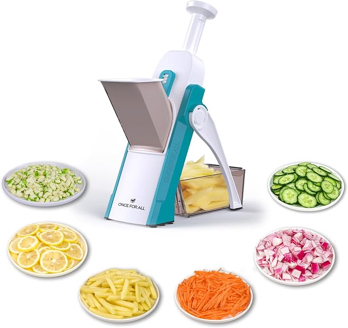 ONCE FOR ALL Safe Mandoline Slicer Kitchen, All in 1 Vegetable Slicer, Blue | Adjustable Thickness, Potato Slicer Veggie Chopper, Strips Julienne Dicer, French Fry Cutter, Dishwasher Safe, Kitchen Gift