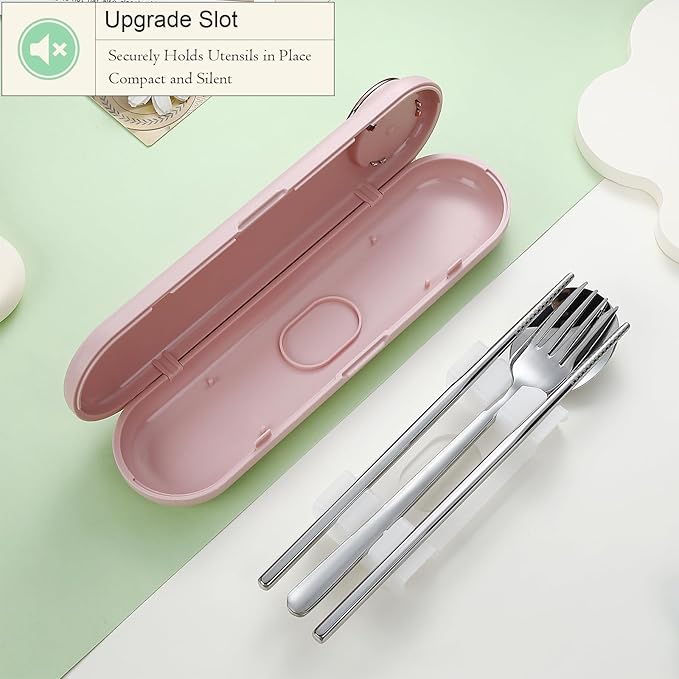 DEVICO Travel Utensils with Case Cute, Reusable Silverware for Lunch, 4Pcs Portable Cutlery Set, 18/8 Stainless Steel Fork Spoon Chopsticks in Cartoon Case, Dishwasher Safe (Pink)