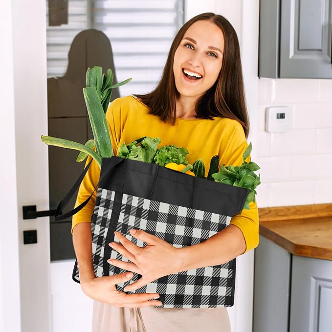 Reusable Grocery Shopping Bags 10 Pack Large Foldable Tote Bags Bulk | Eco Produce Bags with Long Handle for Shopping Groceries Clothes (Plaid D)