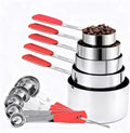 Bopei Measuring Cups and Spoons Set Stainless Steel 10 Piece for Cooking and Baking (5 Cups + 5 Spoons, Red Handle)