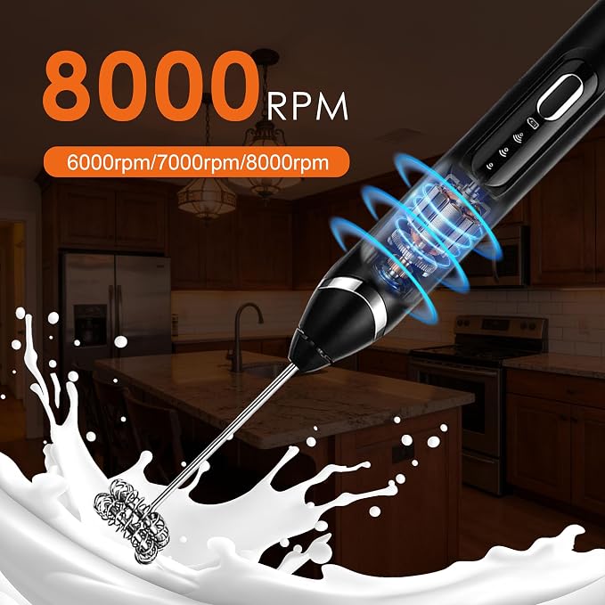 Rechargeable Milk Frother with Stand,Coffee Frother,Drink Mixer（Black) | Rechargeable Mixer Wand, Electric Whisk for Protein Powder, Lattes, Cappuccino,Matcha, 3 Variable Speeds 3 Whisks