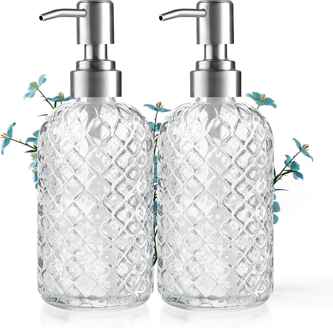 Kaishun Refillable Glass Soap Dispenser (2PC) for Hand Soap & Lotion, Clear