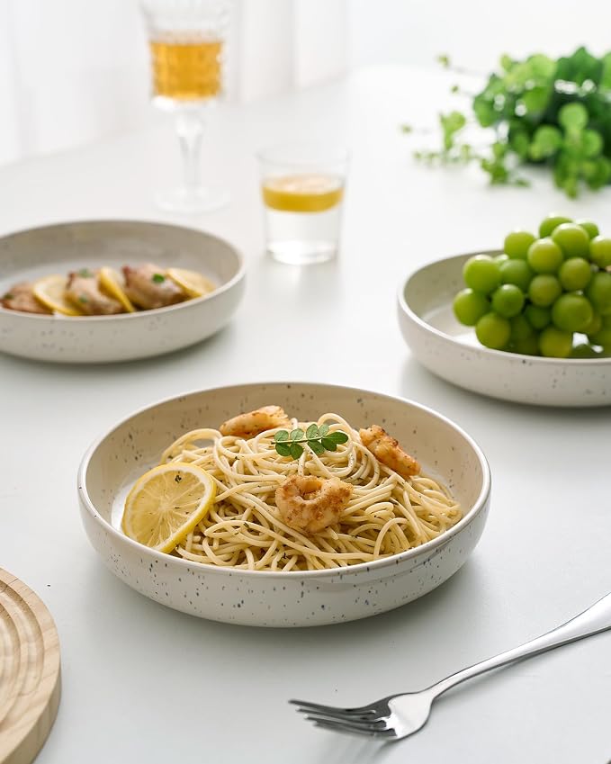 famiware Milkyway 33 oz Pasta Bowls Set of 8, Creamy White | Double Reactive Glaze, Scratch-Resistant Stoneware Salad Bowls, Stackable, Dishwasher & Microwave Safe, Lead-Free