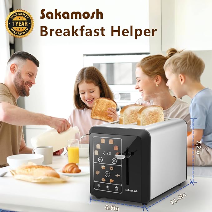 SAKAMOSH 2-Slice Touchscreen Toaster with bagel function | Even Toasting, 6 Browning Levels, Defrost and Cancel, Wide Slots Fit Thick Bread, Easy-clean Tray, Ideals for Busy Mornings