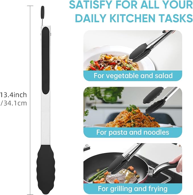 12-Inch Kitchen Tongs for Cooking with Silicone Tip,Black | 600℉ Heat-Resistant,Stainless Steel Locking Cooking Tongs Food Tongs for BBQ/Cooking/Salad/Serving Food,Heavy Duty,Non-Stick