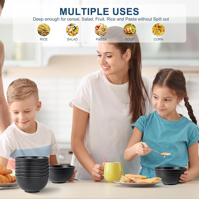 HOTEC 12-PACK BPA Free Unbreakable Plastic Cereal Bowls - Microwave & Dishwasher Safe Soup Salad Camping Bowls, 26OZ, Black