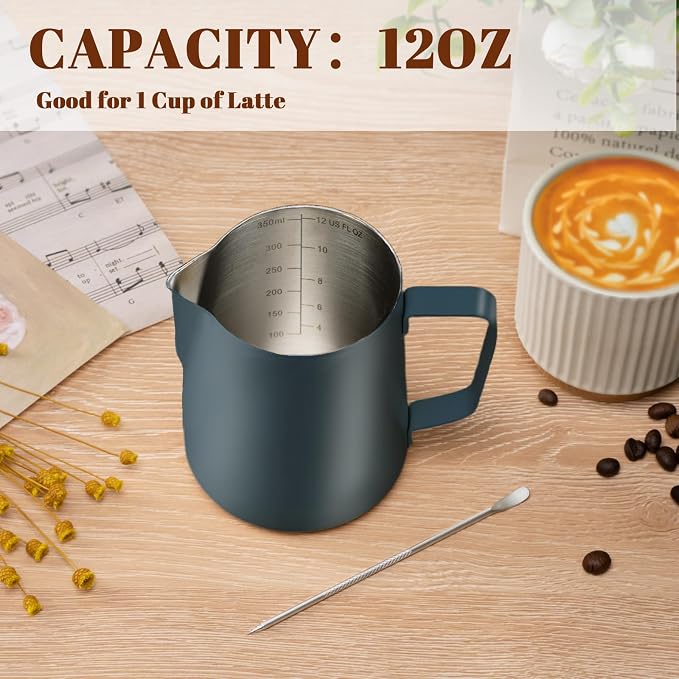 Amrules Milk Frothing Pitcher 12oz Frother Cup Barista Tools, Blue | 18/8 Stainless Steel, 12oz Capacity with Clear Scale, with Decorating Pen, Ergonomic Handle, for Cappuccino, Latte & Espresso