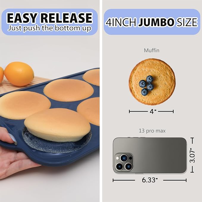 4 Inch Jumbo Silicone Muffin Top Pan with Frame Non Stick Egg Mold Baking | Silicone Egg Mold for Oven, Large Whoopie Pie Baking Pan with Handle for English Breakfast Sandwich Egg Bite Bun Tart Vnray