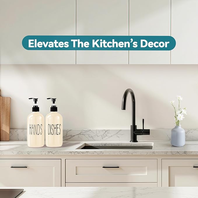 COHOSEGE Glass Soap Dispenser Set 2 Pack,16 Oz Dish Soap Dispenser for Kitchen Sink,Beige Kitchen Accessories and Kitchen Decor,Beige Decorations and Kitchen Utensils for Kitchen